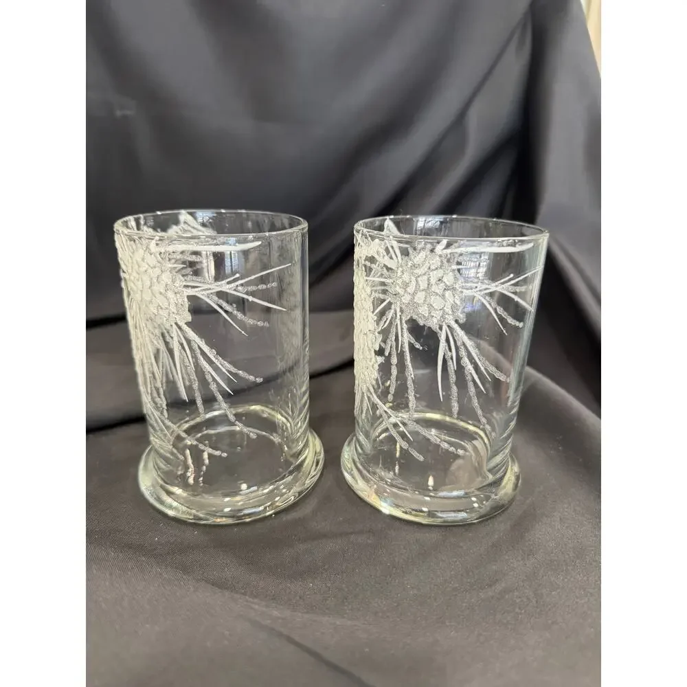Rare Vintage Set of 2 Dorothy Thorpe Glass Tumblers with Lucite Pinecones Art